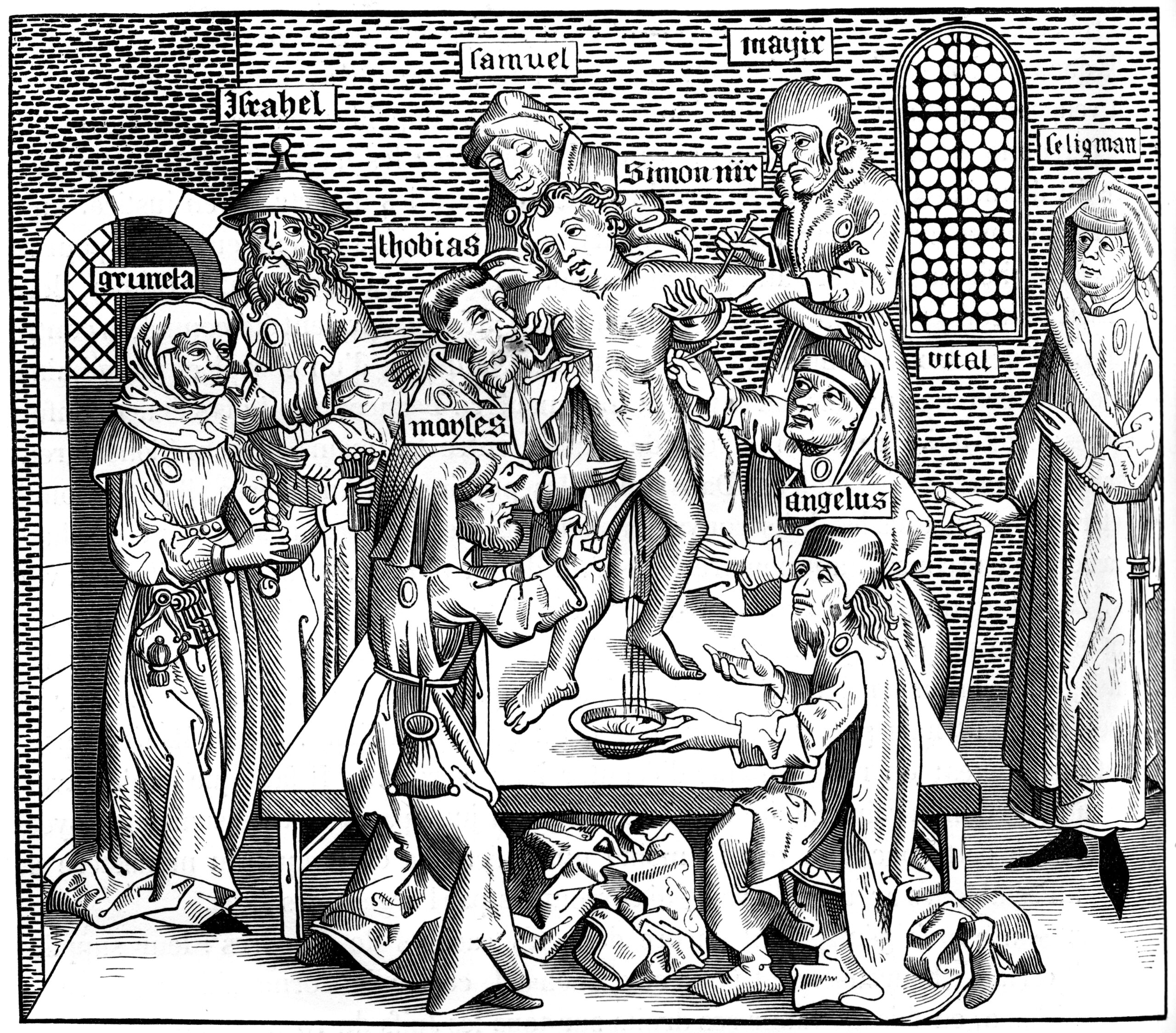The martyrdom of Simon of Trent, 1493 (1849). Simon of Trent was a boy from the city of Trento, Italy, whose disappearance (and assumed death) in 1475 was blamed on the leaders of the city's Jewish community. A 19th century version of an original 15th century manuscript illustration in Liber Chronicarum (the Nuremburg Chronicle), by Hartmann Schedel, held at the Cabinet des Estampes, Bibliotheque Royale, Brussels, Belgium. From Le Moyen Age et la Renaissance, by Paul Lacroix, Ferdinand Séré and A Rivaud, Volume I (Paris, 1849). (Photo by The Print Collector/Print Collector/Getty Images)